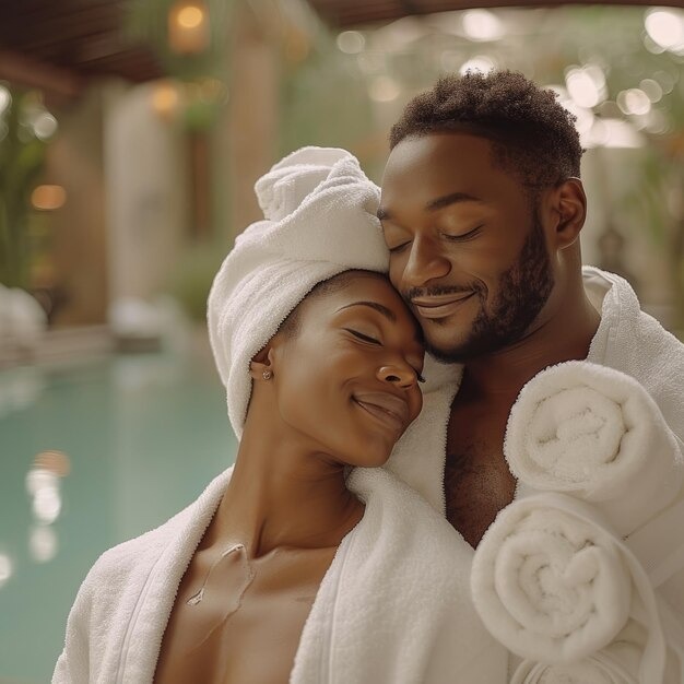 Couple in white robes with hair wrapped in towels