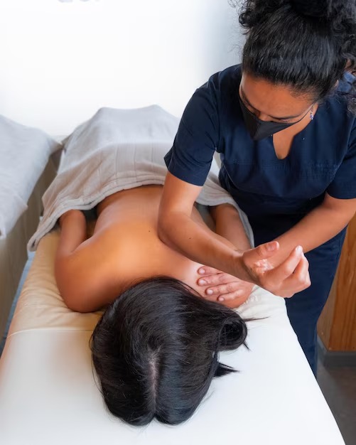 Relaxation back massage using elbow pressure, Thai massage technique