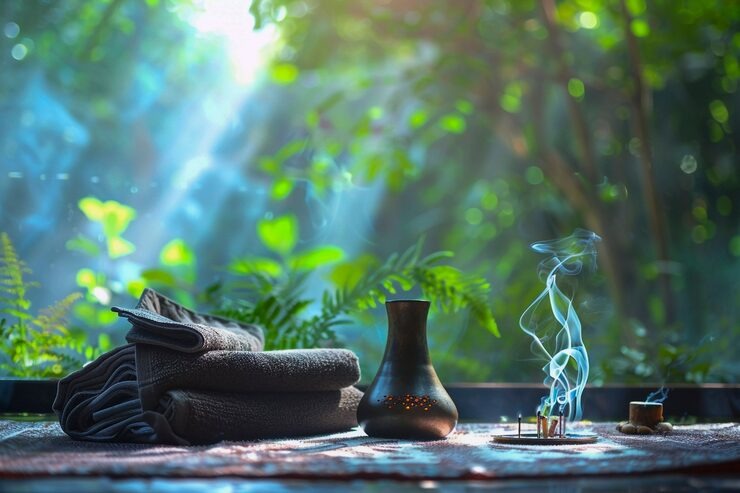 Still life of yoga and wellness equipment