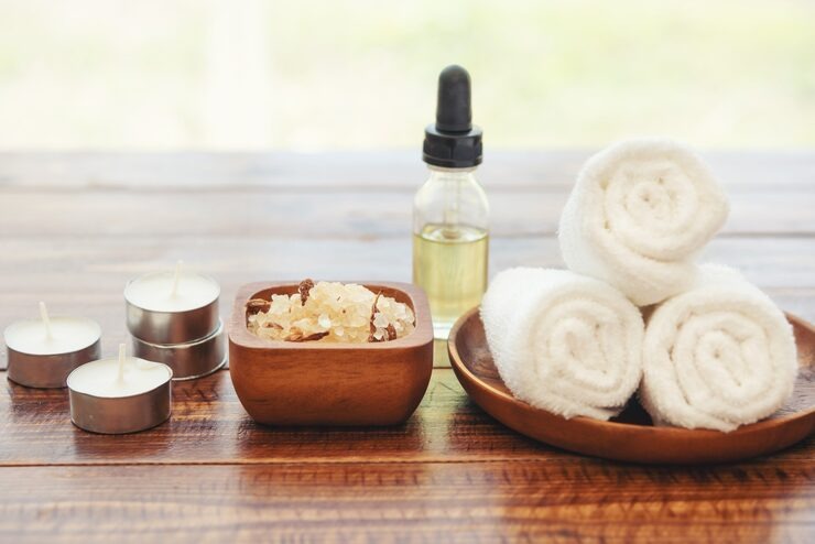 Spa setting with natural olive oil and sea salt
